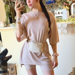 Casual Beige Oversized T-Shirt and Biker Short Set
